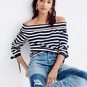 J Crew Women's Nautical Navy and White Striped Off the Shoulder 3/4 Sleeve Top